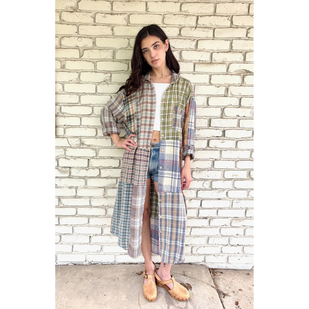 Sundance X Citron Vintage Patchwork Plaid Duster Grunge Shirt Dress 90s O/S - Picture 5 of 6